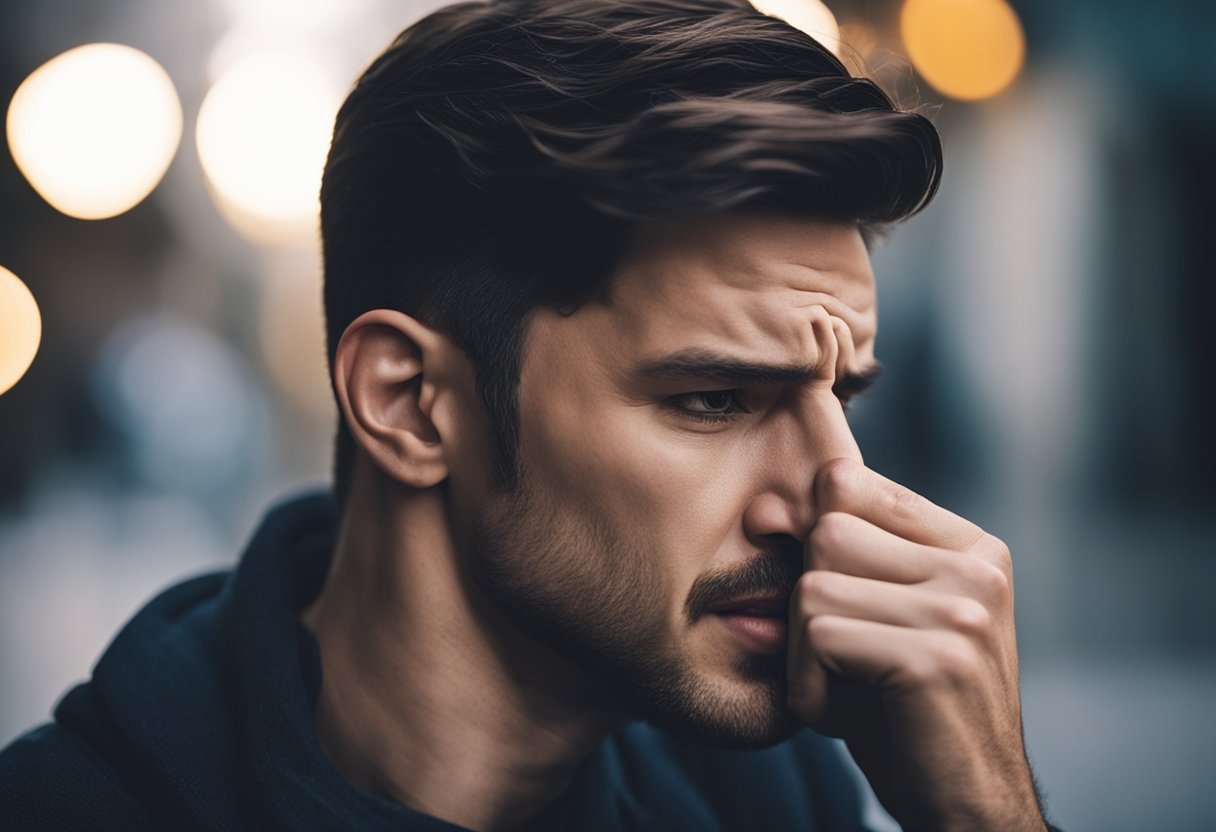 A person clenching their jaw, wincing in pain, with a hand pressed against their cheek